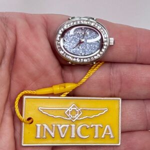Invicta Mini Crystal Ring Watch Blue Glitter Dial Silver Tone